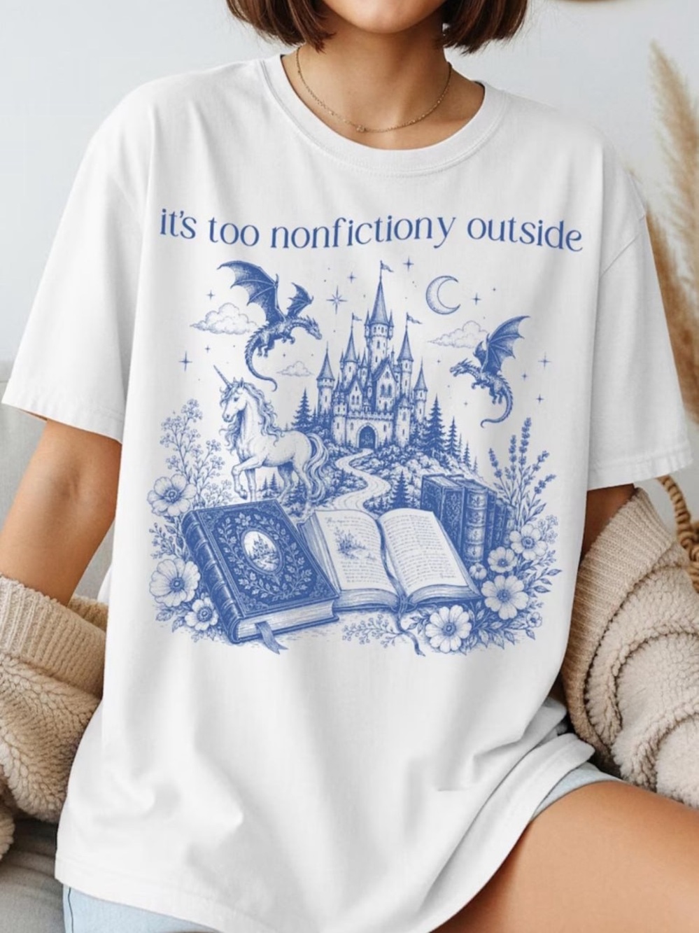White Short Sleeve Tee with Blue Fantasy Book Graphic